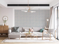 Hallway feels calm beside the boho coastal grid wallpaper in olive tones., GD9912
