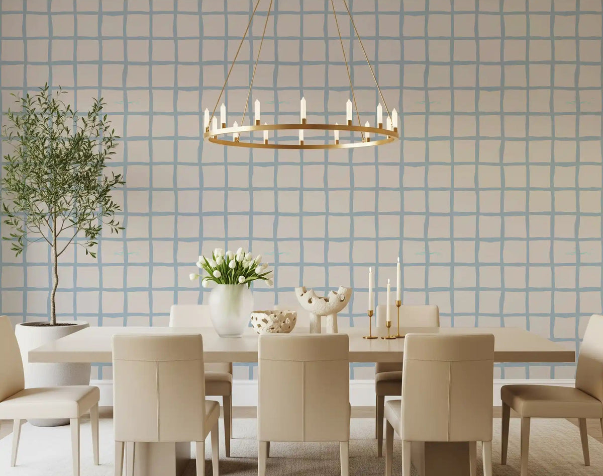 Dining room corner gains a quiet rhythm from this olive green grid coastal wallpaper., GD9912