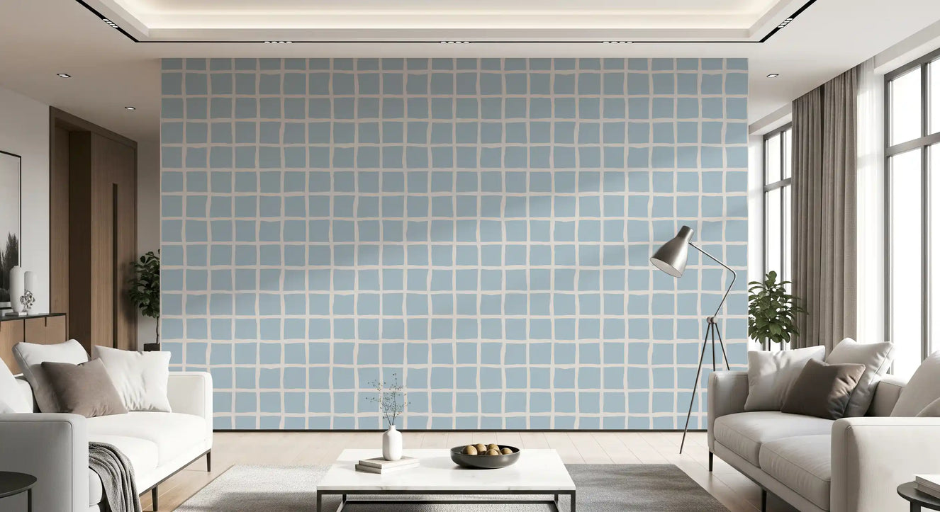 Boho Coastal Painterly Grid wallpaper close-up showing gestural cream lines on soft blue squares