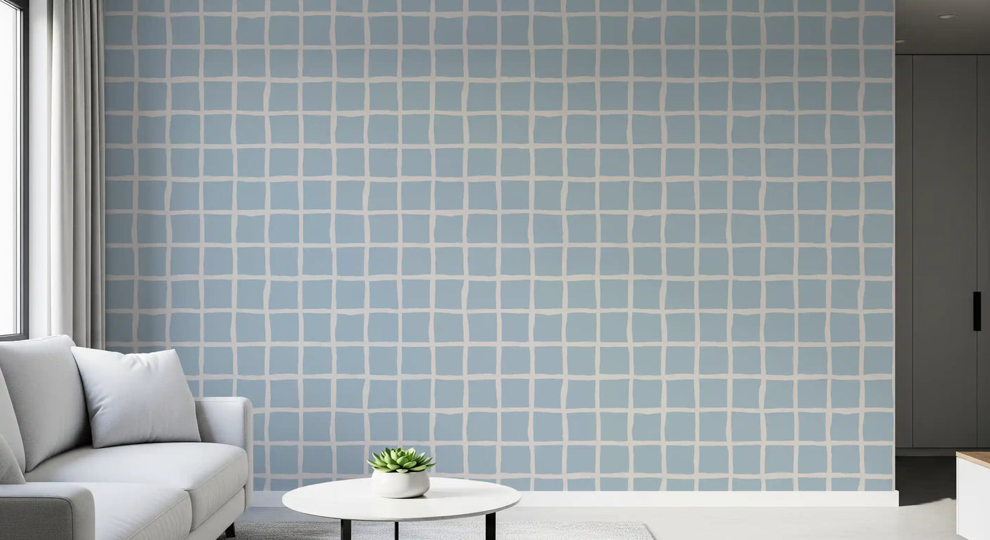 Living room with linen sofa and white coffee table styled against Boho Coastal Grid wallpaper., GD9913