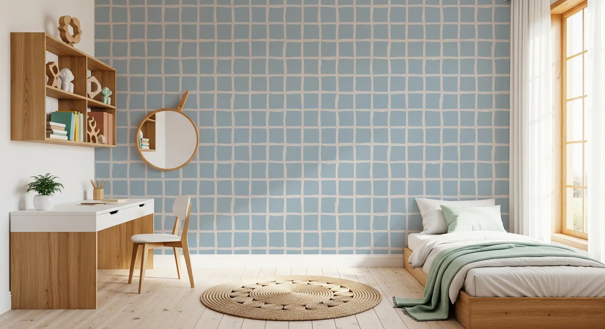 Close-up of Boho Coastal Grid wallpaper texture showing painterly cream linework and soft blue tones., GD9913