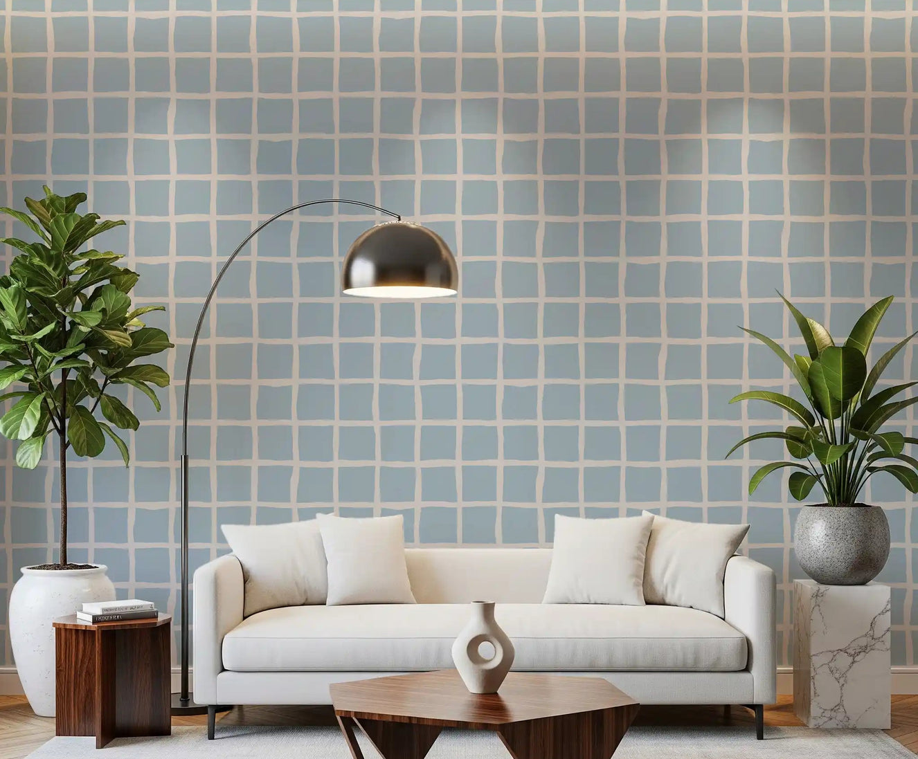 Living room with linen sofa and wooden coffee table styled against Boho Coastal Grid wallpaper.