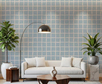 Living room with linen sofa and wooden coffee table styled against Boho Coastal Grid wallpaper., GD9913