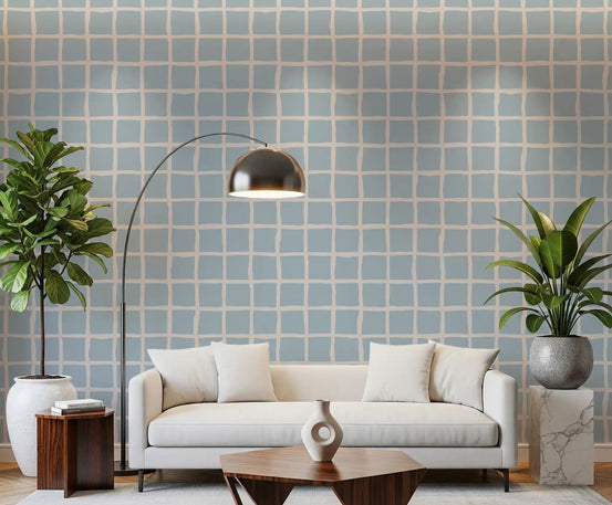 Living room with linen sofa and wooden coffee table styled against Boho Coastal Grid wallpaper., GD9913