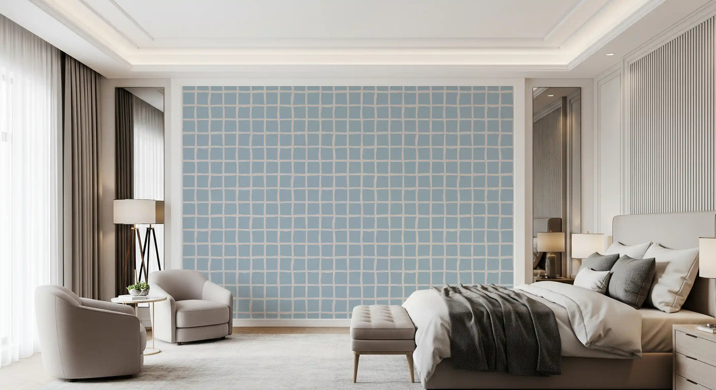 Bedroom with Boho Coastal Grid wallpaper behind a low platform bed and pale bedding., GD9913