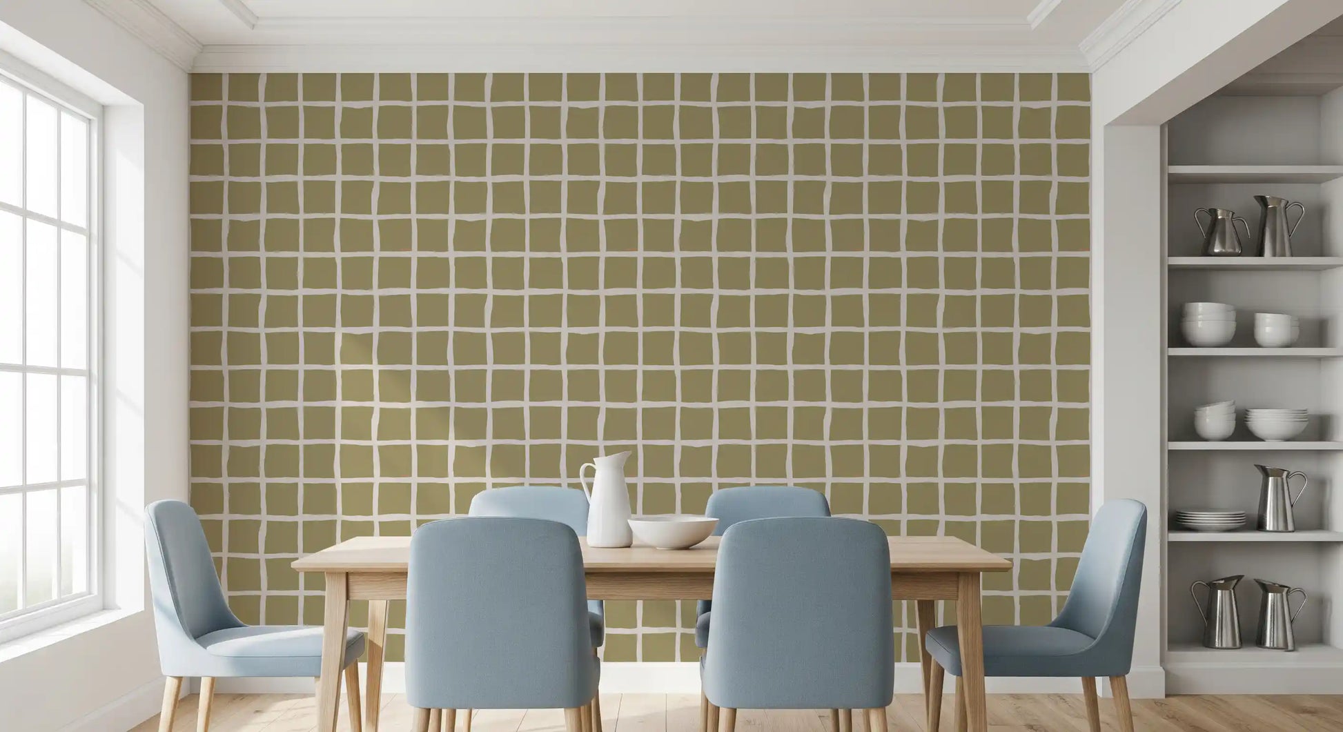Airy dining area walls showcase this subtle and green Coastal wallpaper.