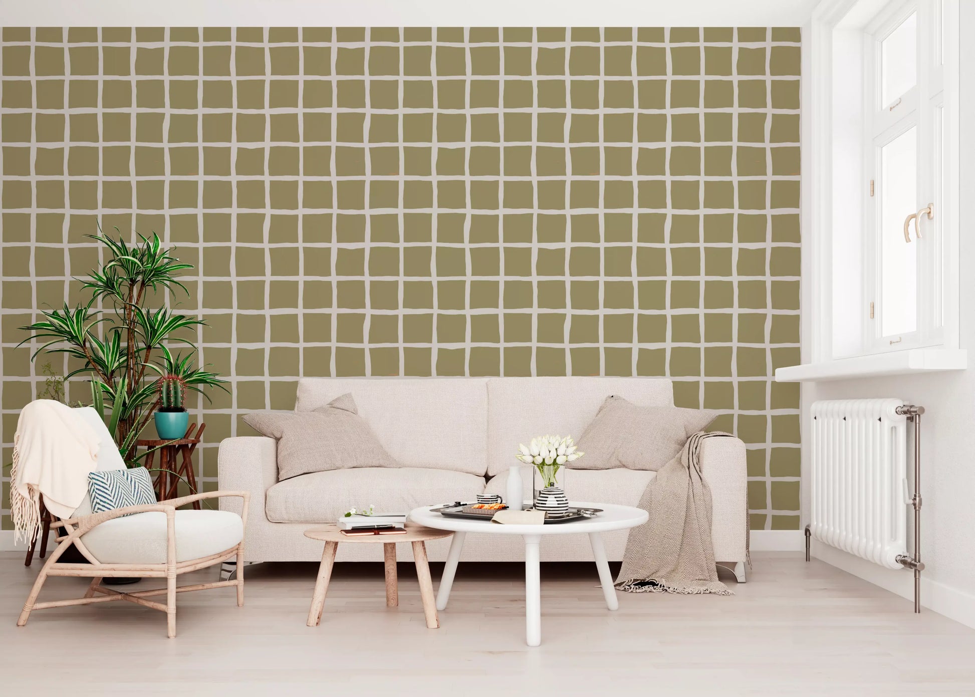 Irregular cream grid lines covering a matte khaki green boho wallpaper.