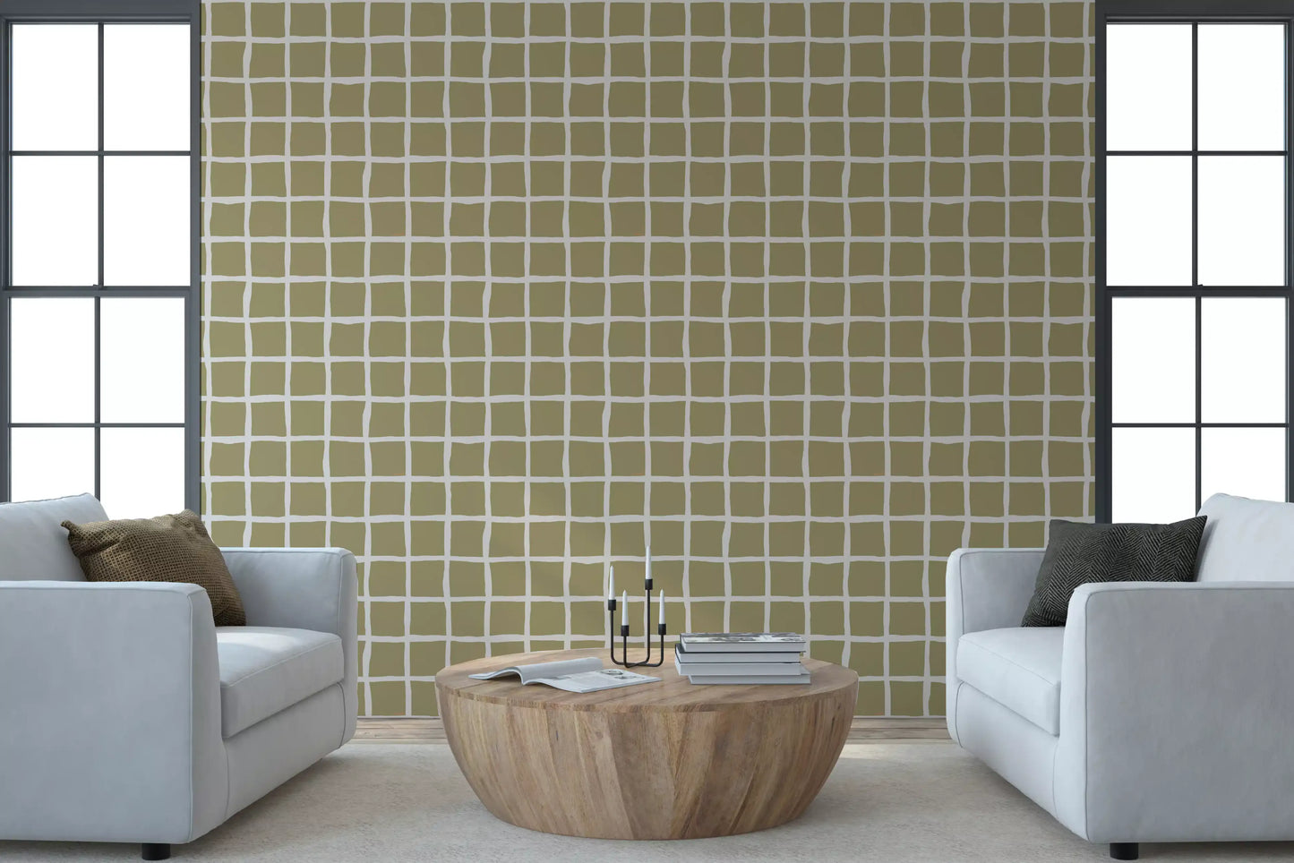 A bright living room displaying Olive Beige Green Grid Boho Wallpaper.