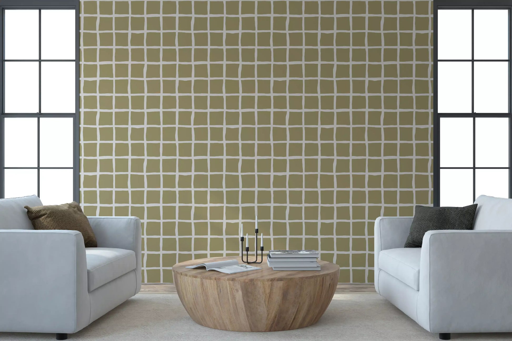 A bright living room displaying Olive Beige Green Grid Boho Wallpaper.