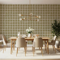 Off-white grid structure overlays a solid olive green background in wallpaper.