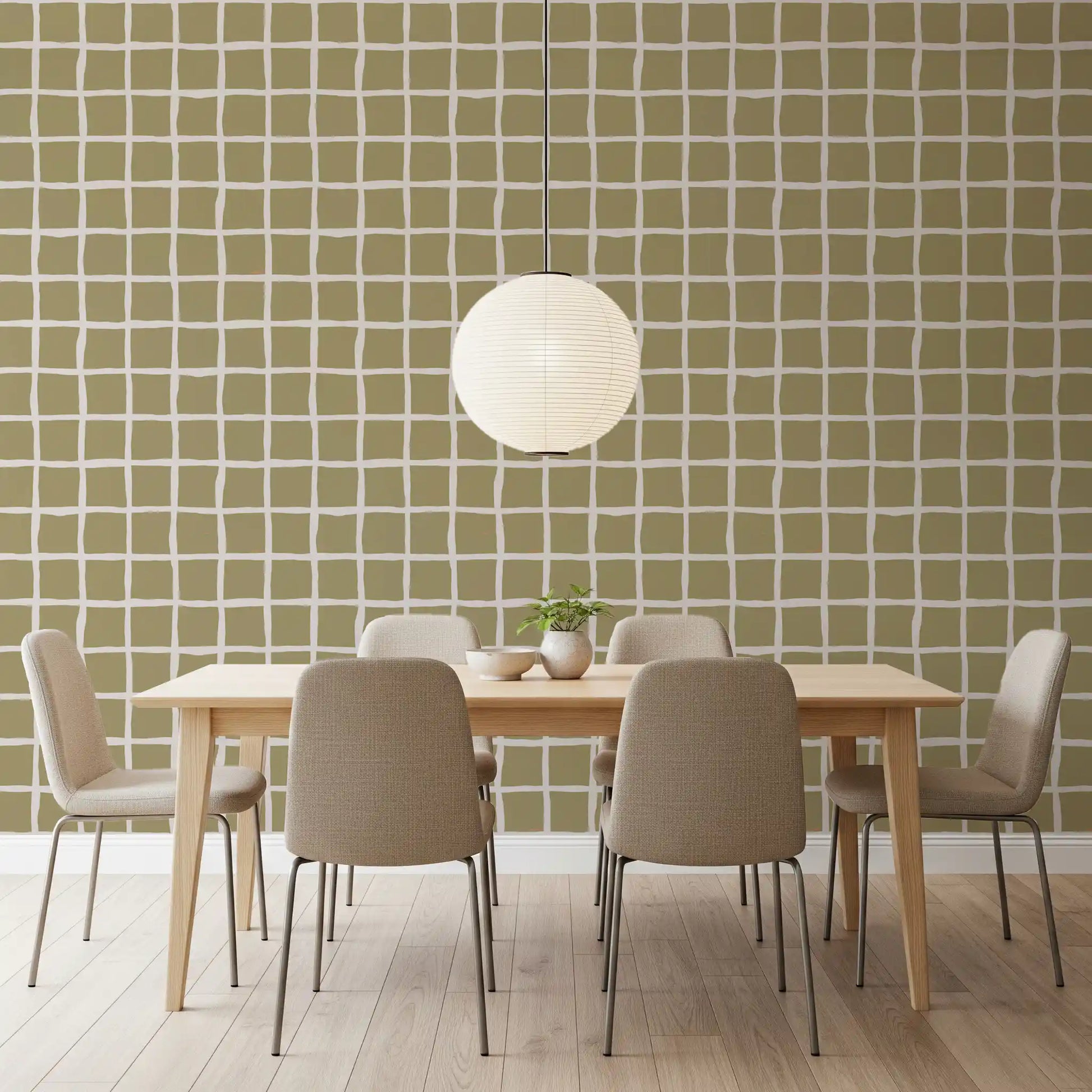 Muted olive green squares defined by organic white lines on this coastal wallpaper.