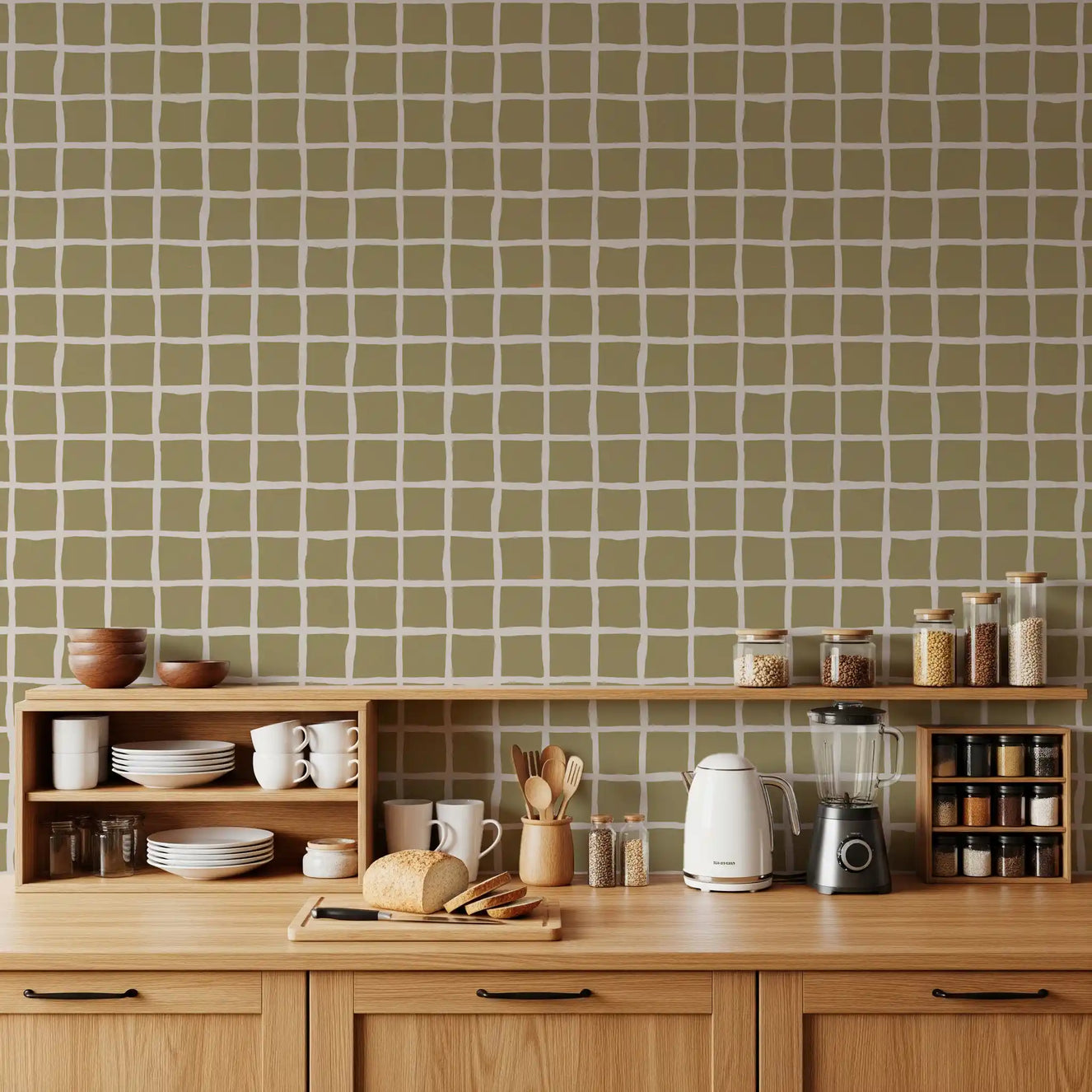 Large kitchen-dining area featuring soothing Grid wallpaper.