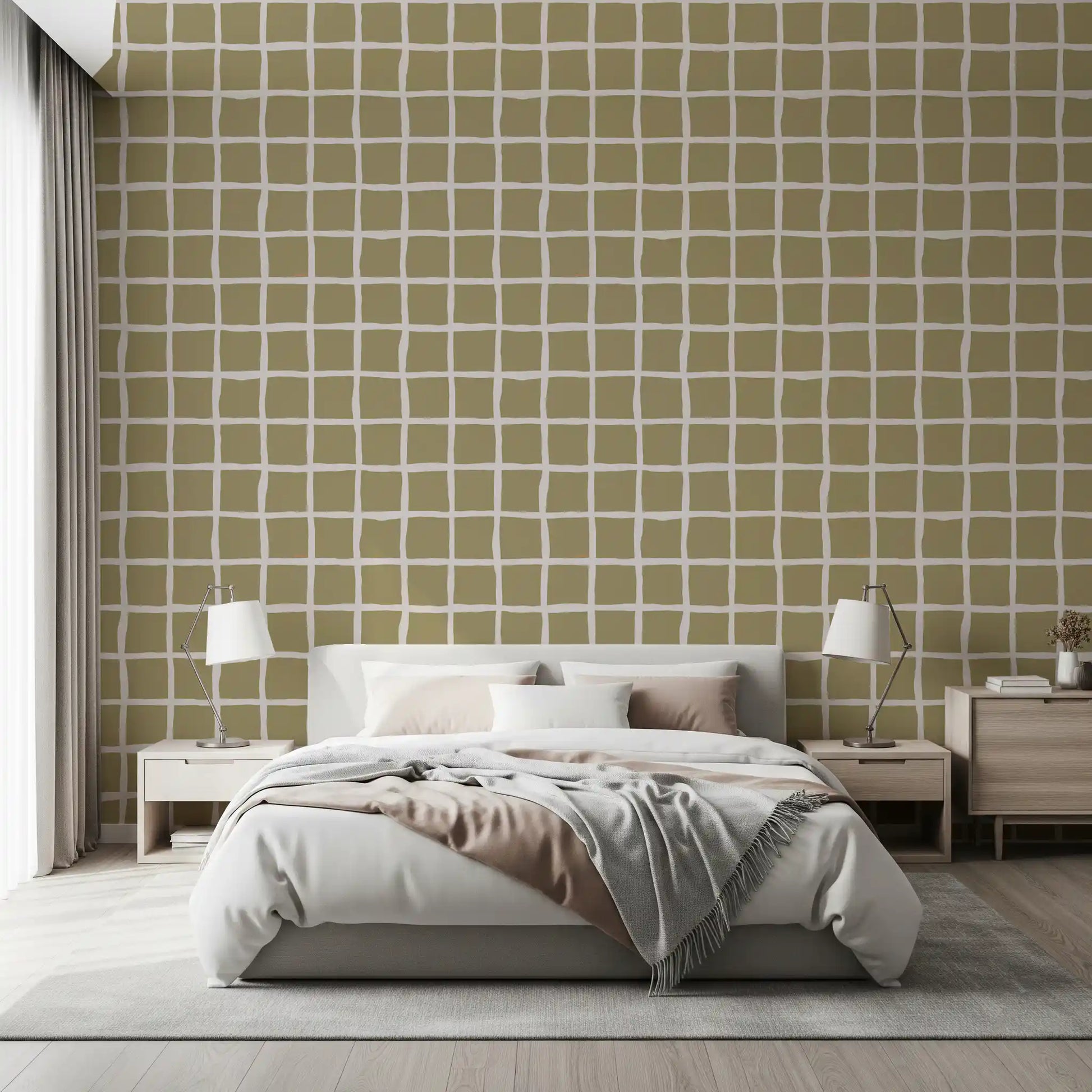Minimalist Grid wallpaper adds a calming and rhythmic feel to quiet bedroom