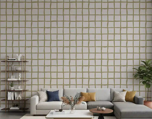 Living room walls wrapped in Olive Green Check Grid Boho Wallpaper.