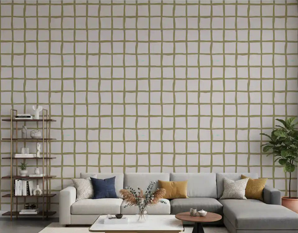 Living room walls wrapped in Olive Green Check Grid Boho Wallpaper., GD9915