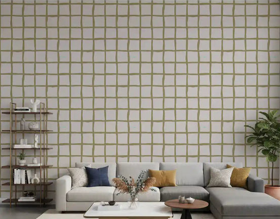 Living room walls wrapped in Olive Green Check Grid Boho Wallpaper., GD9915