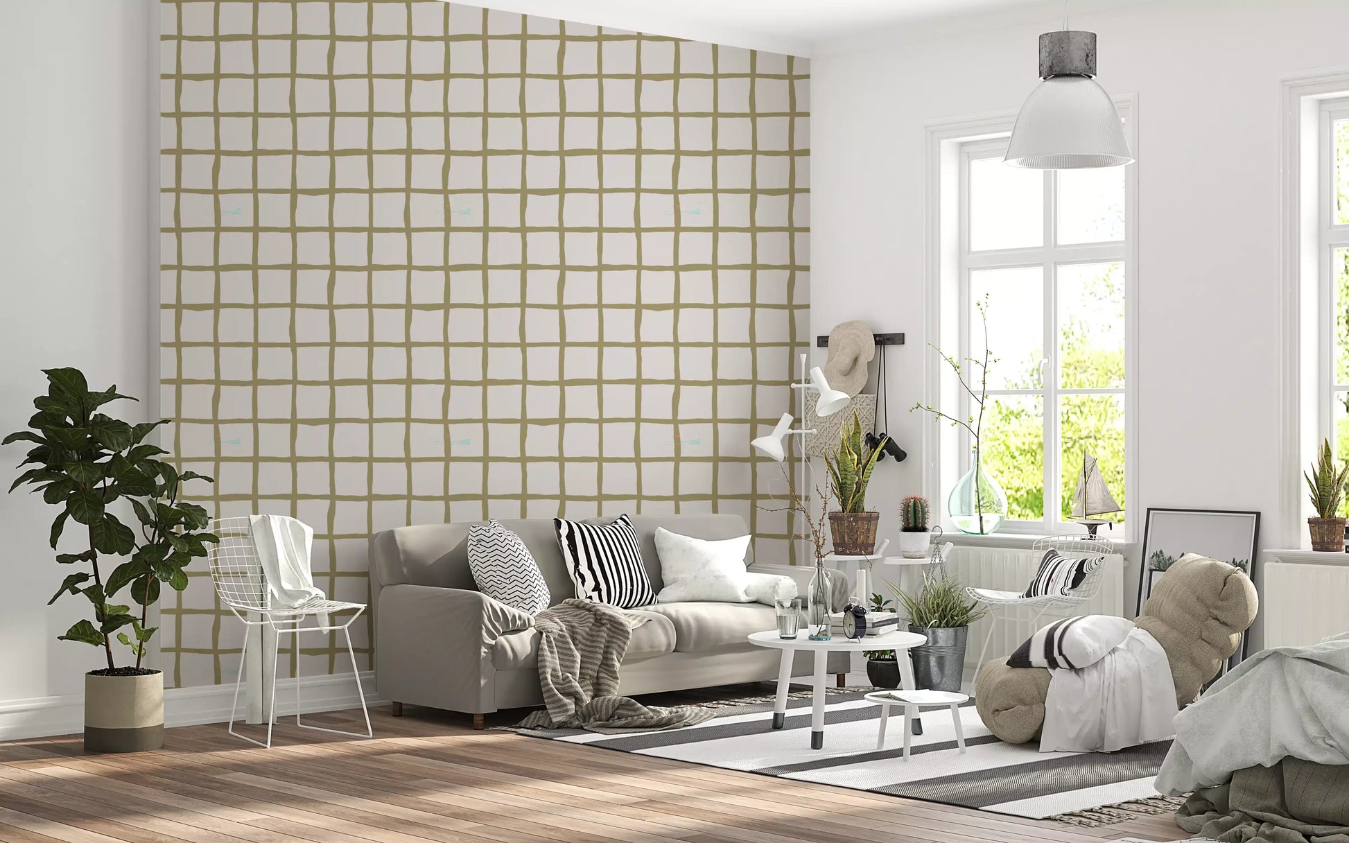 Relaxing living room space displaying subtle boho wallpaper on the wall., GD9915
