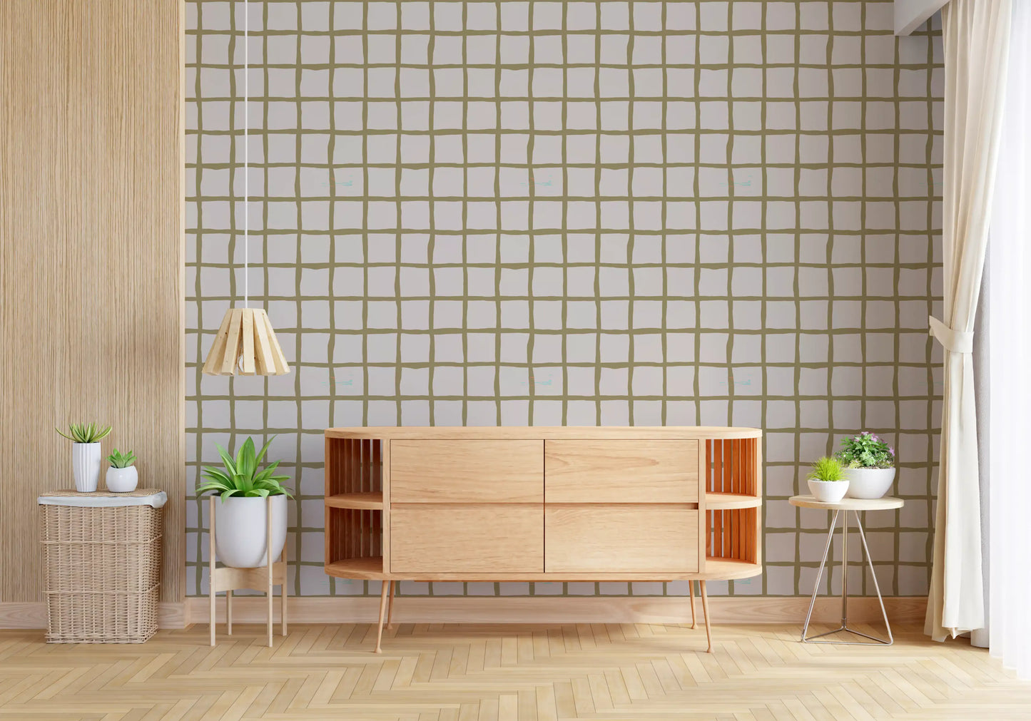 A narrow hallway brightened by natural coastal wallpaper styling., GD9915