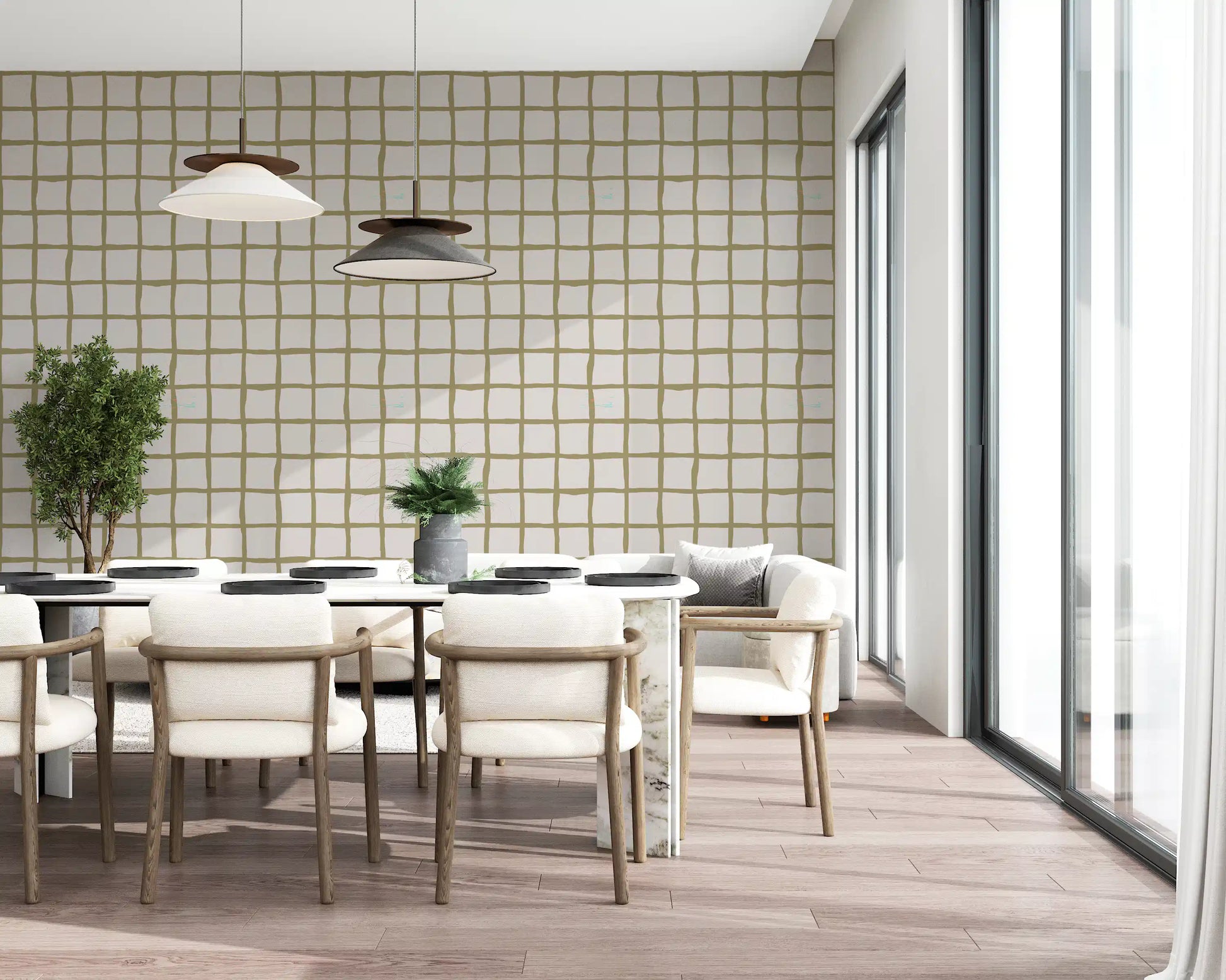 Hand drawn olive wallpaper lines forming a relaxed geometric sequence., GD9915
