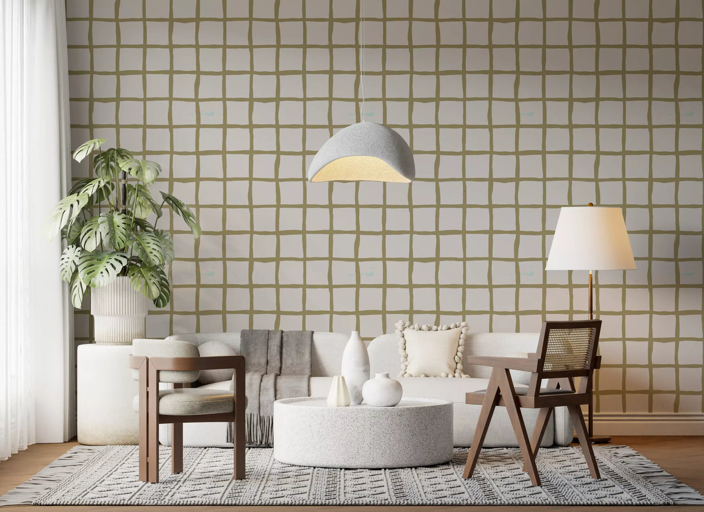 Playful grid pattern wallpaper adds structure to a cheerful living room., GD9915