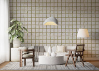 Playful grid pattern wallpaper adds structure to a cheerful living room., GD9915