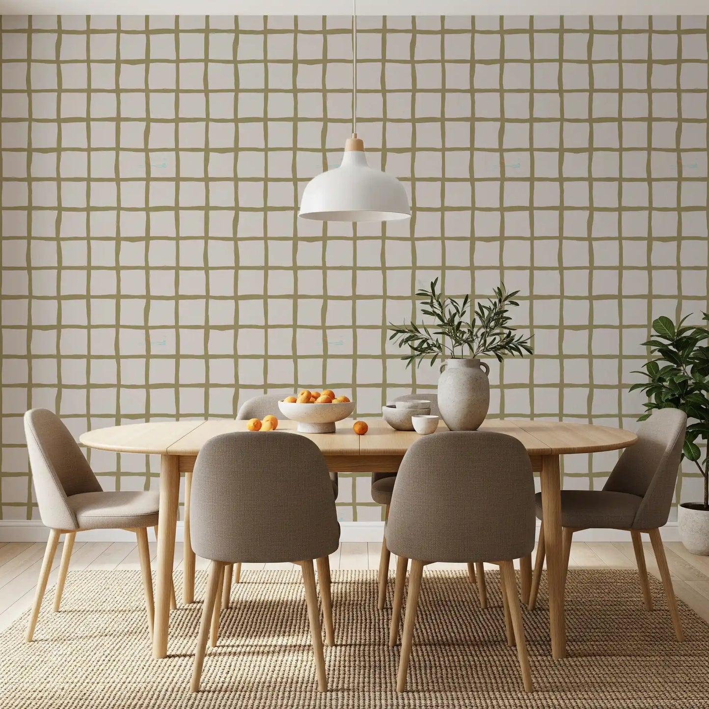 A bright dining room featuring a minimalist check wallpaper pattern., GD9915