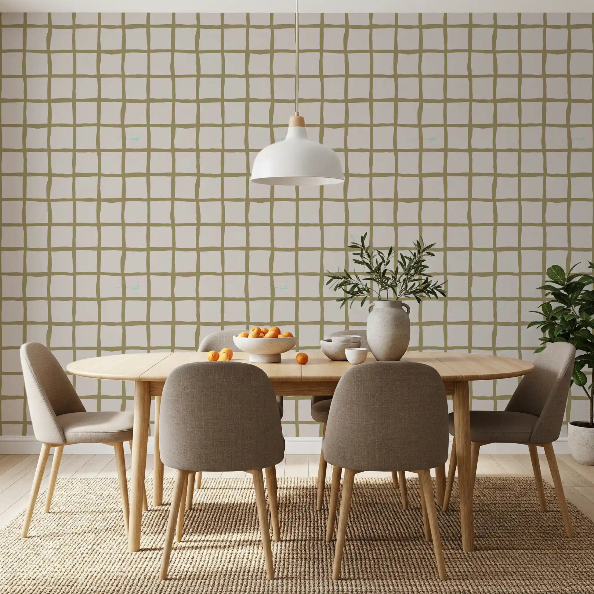 A bright dining room featuring a minimalist check wallpaper pattern., GD9915