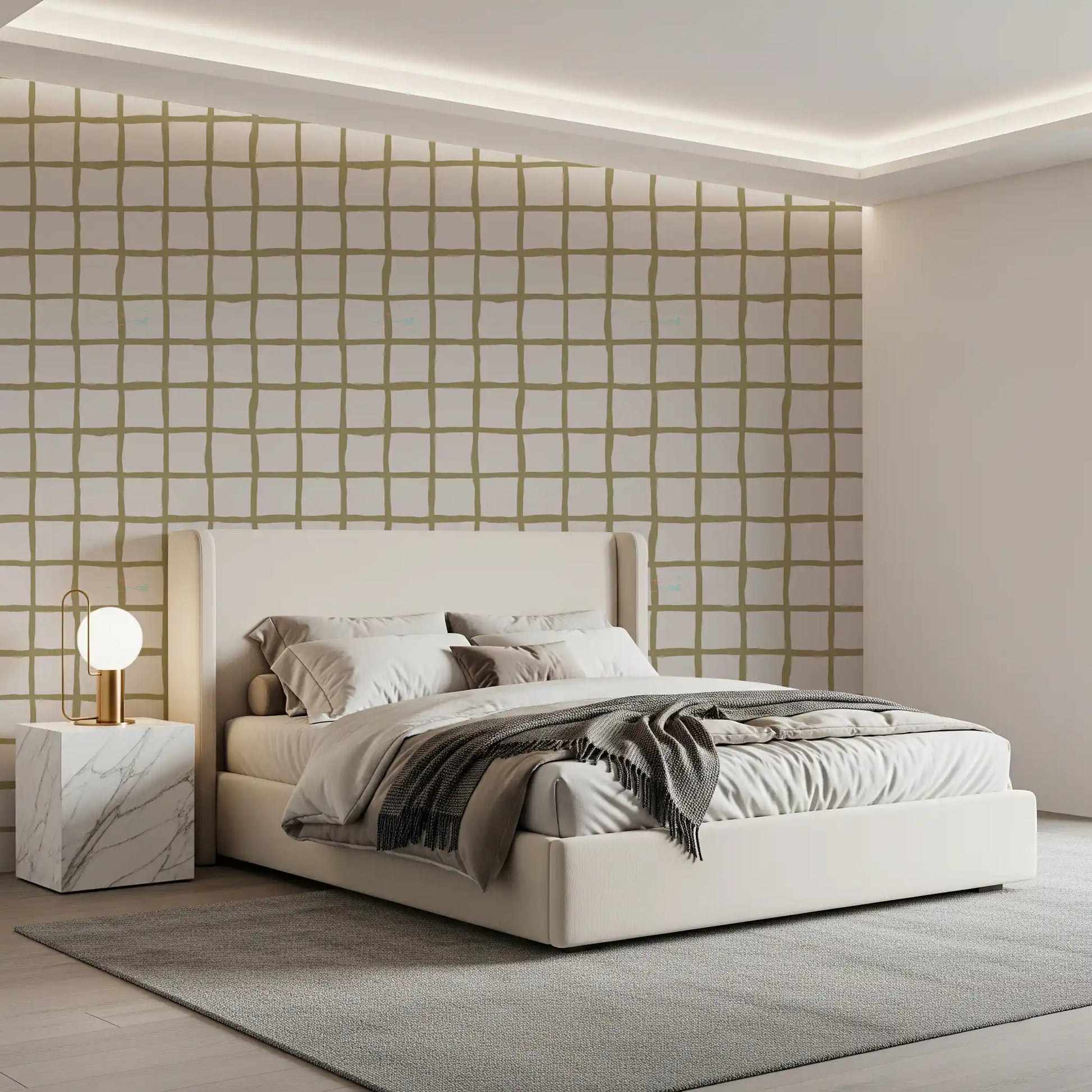 Olive Green Check Grid Boho Coastal Wallpaper for a modern bedroom., GD9915