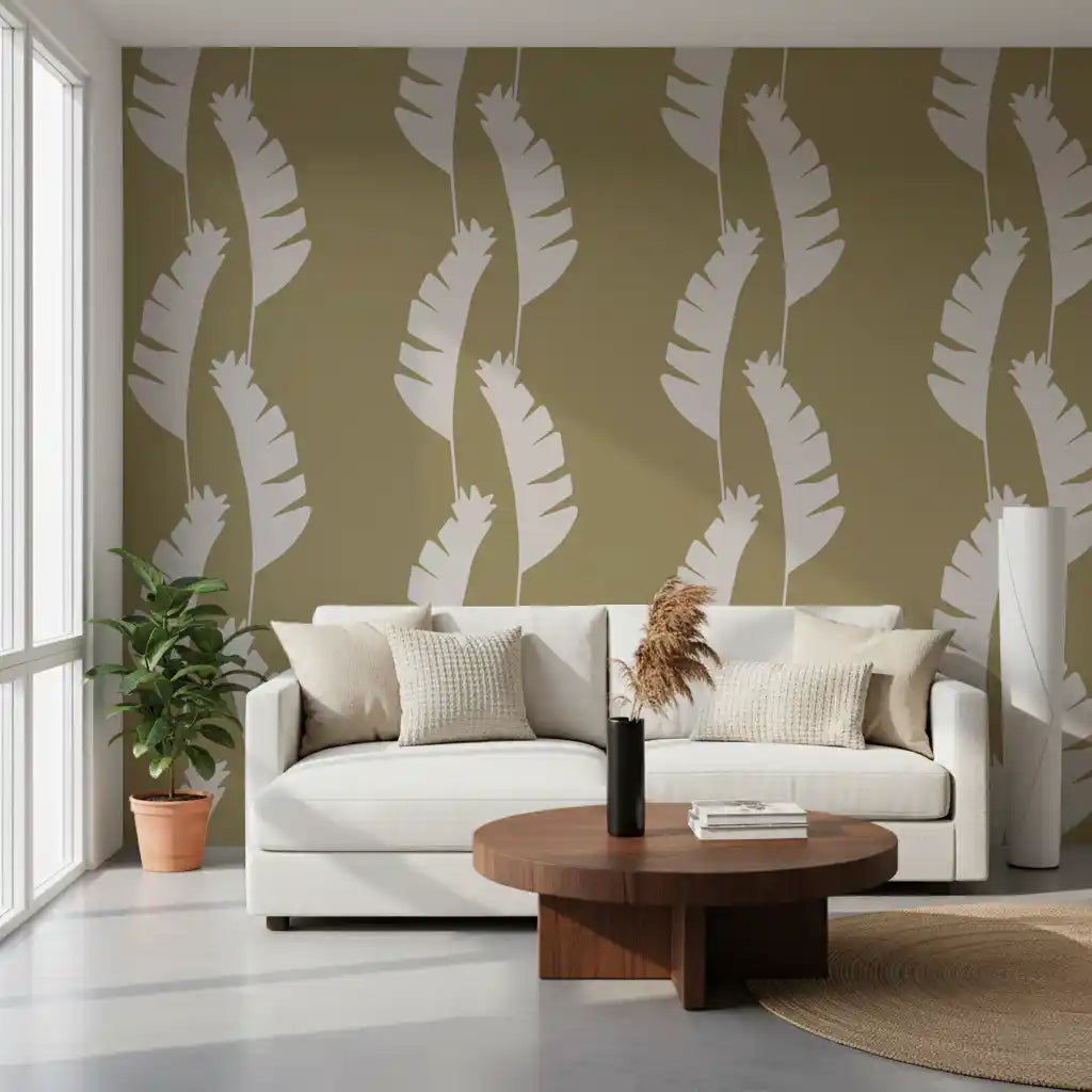 Calming living room featuring the Olive Green Banana Leaf Coastal Wallpaper., GD9916