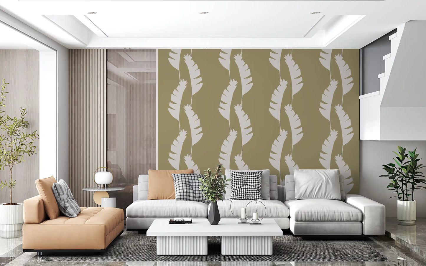 Banana wallpaper providing a tropical feel in a modern living room., GD9916