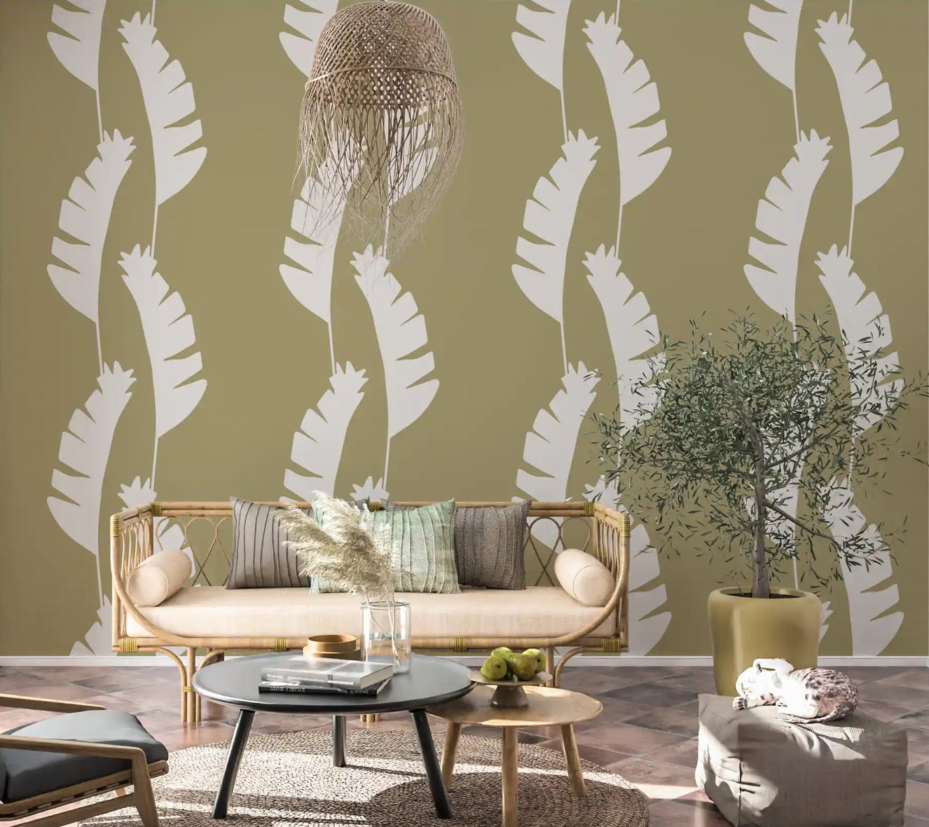 Olive Green Banana Leaf Boho Coastal Wallpaper in a bright living room.