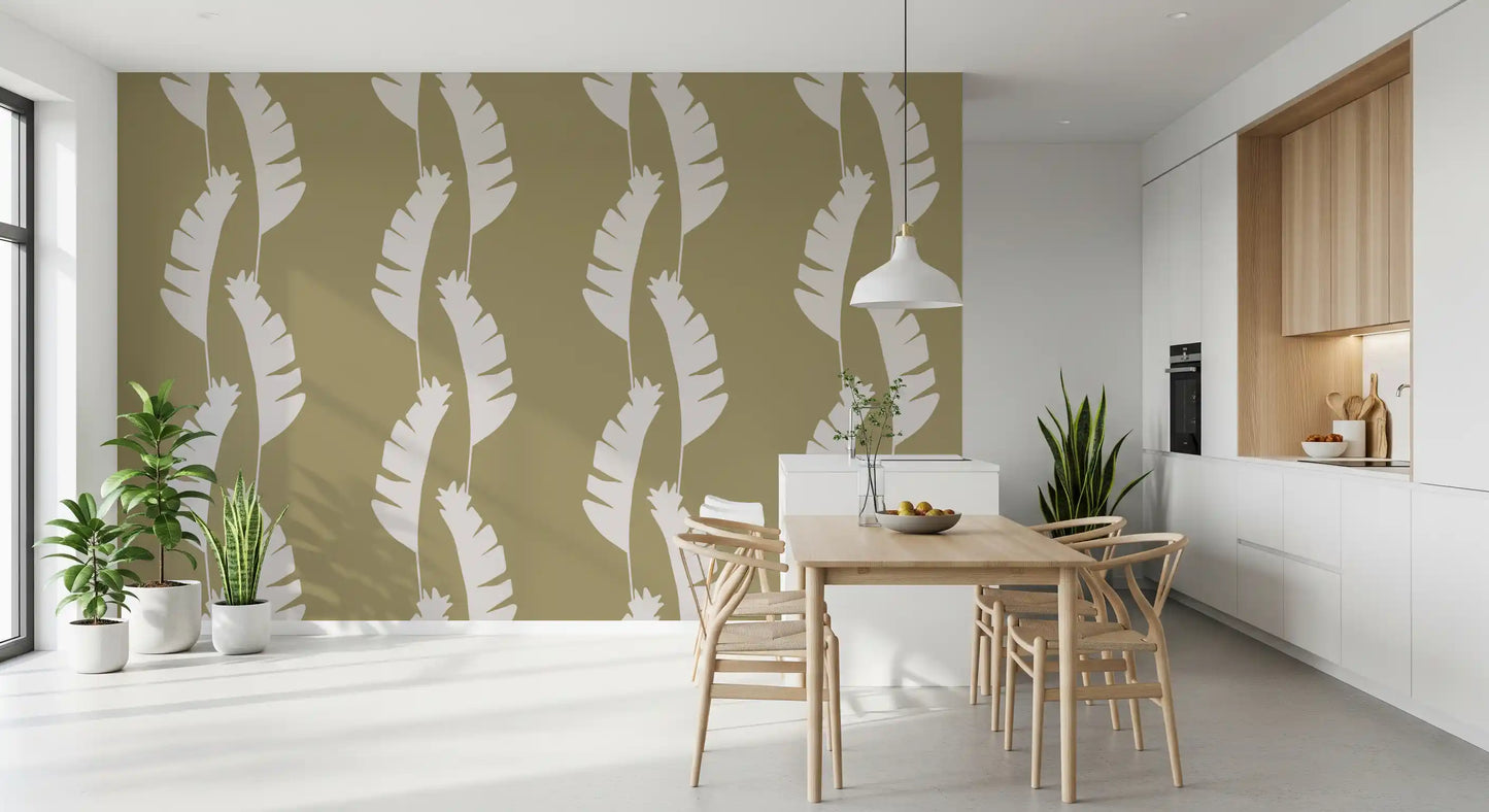 Olive Green Banana Leaf Boho Coastal Wallpaper lining a cozy dining room., GD9916