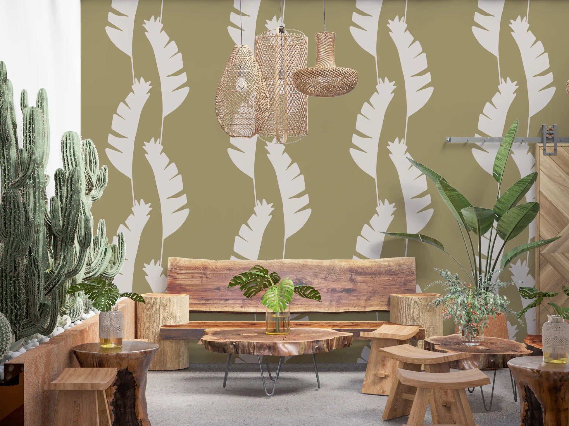 Minimalist banana leaf wallpaper displaying a dual-tone organic pattern., GD9916