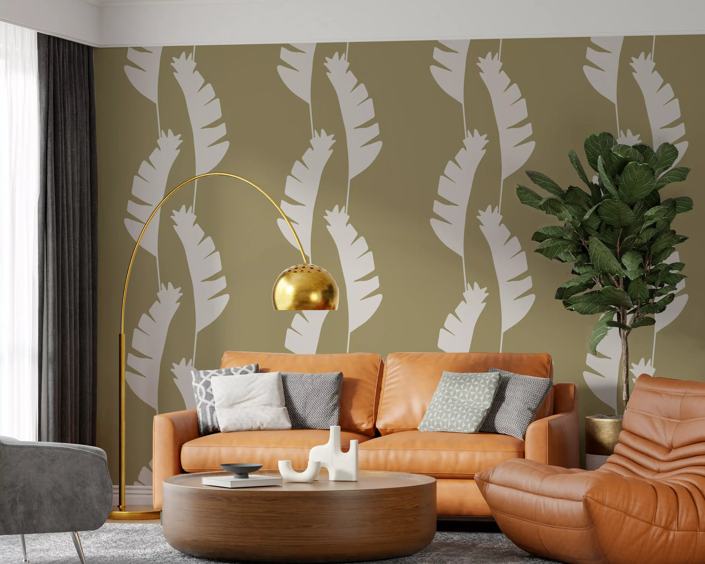 Hallway enhanced by subtle green banana leaf pattern wallpaper., GD9916