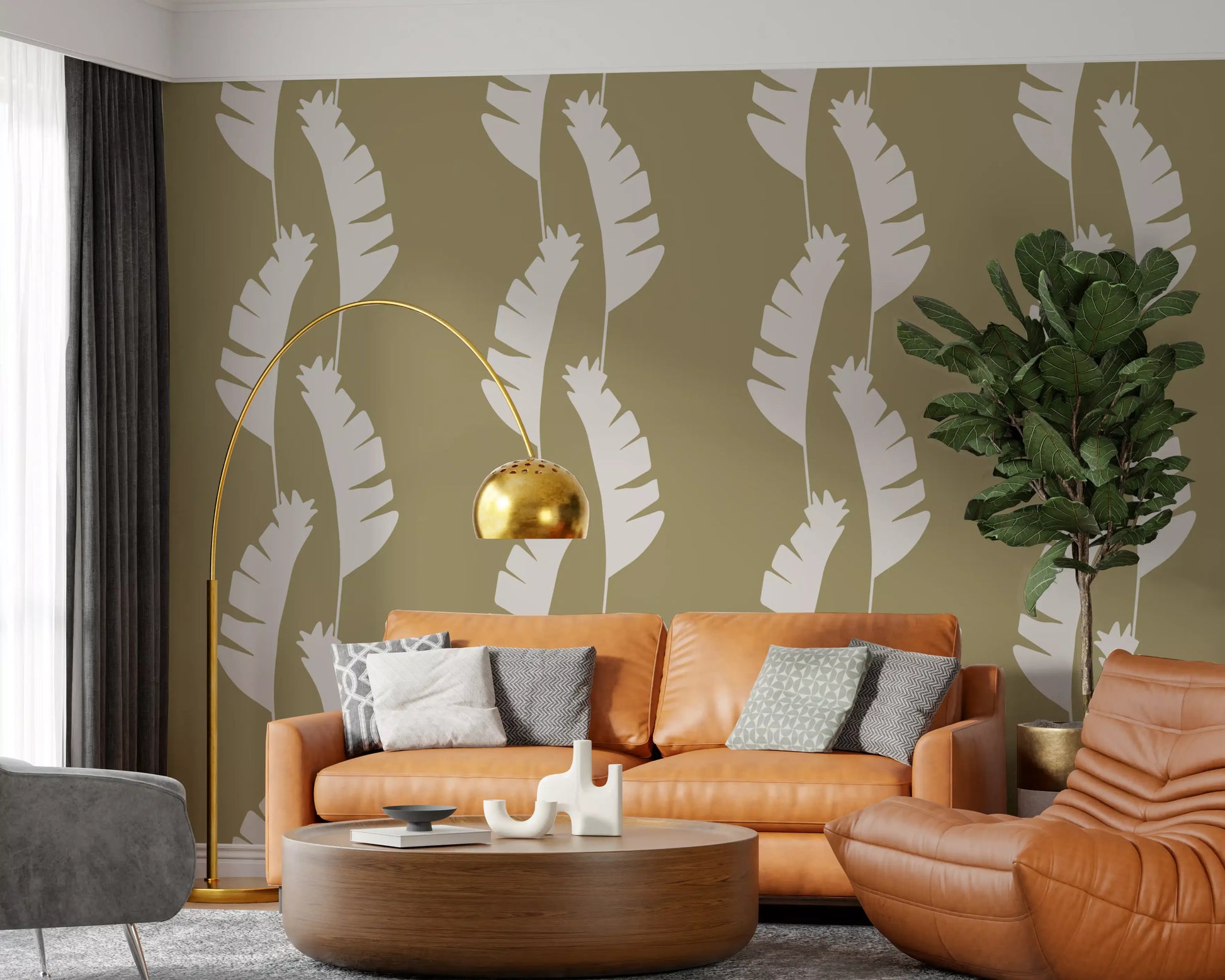Hallway enhanced by subtle green banana leaf pattern wallpaper., GD9916