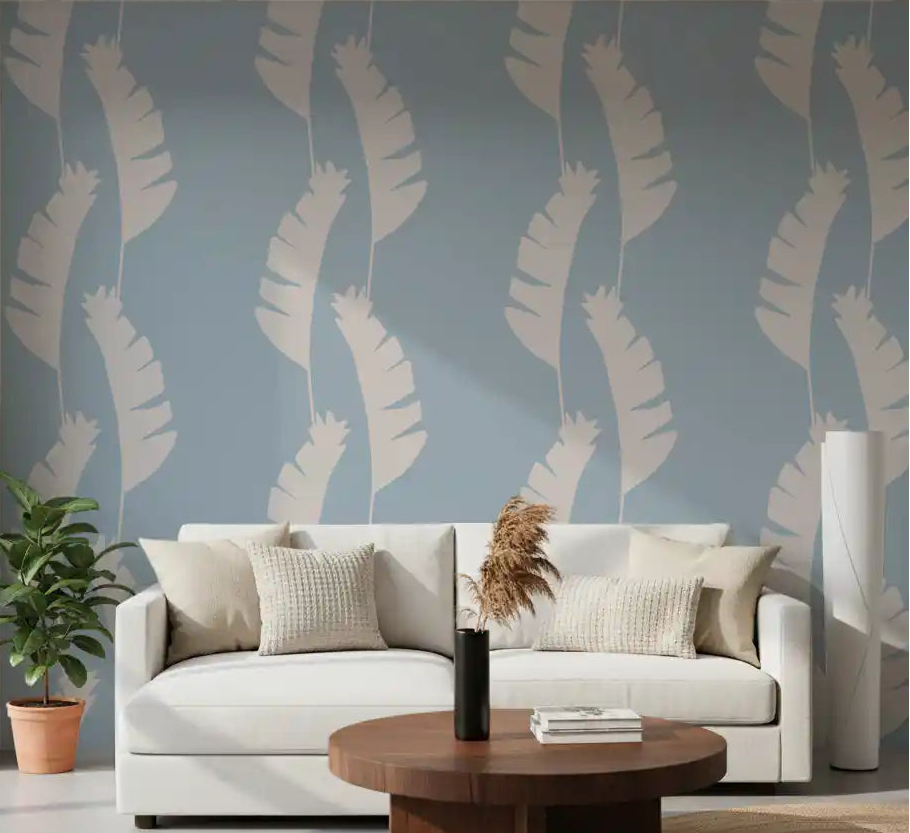 Soft Blue Banana Leaf Boho Coastal Wallpaper in a sunny living room., GD9917