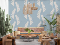 Blue banana leaf wallpaper displaying large muted botanical silhouettes., GD9917