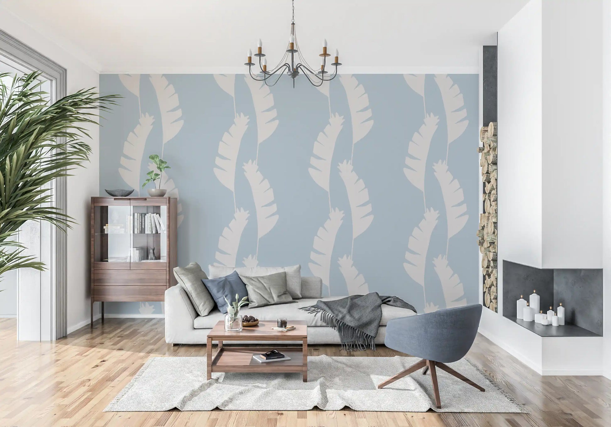 Calm living room featuring the Soft Blue Banana Leaf Boho Coastal Wallpaper, GD9917