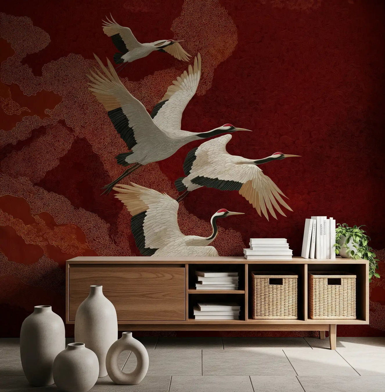 A vibrant Crimson Sky wall mural makes a bold statement in a large hallway.
