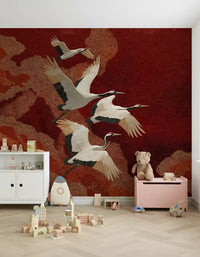 The detailed Crane Dance wall mural brings a sophisticated look to a nursery.