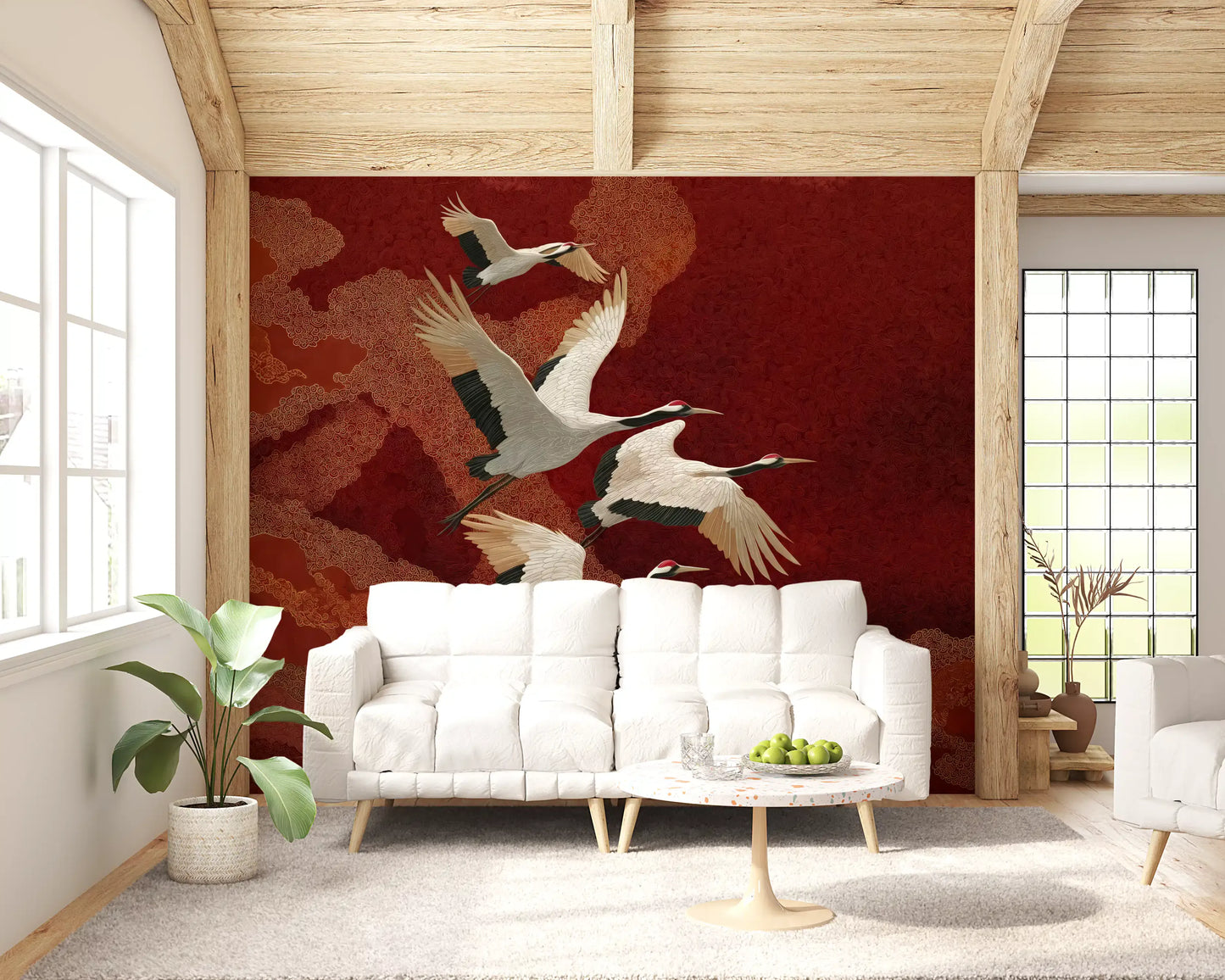 Swirling cloud patterns surround the birds on the Crane Dance wall mural.