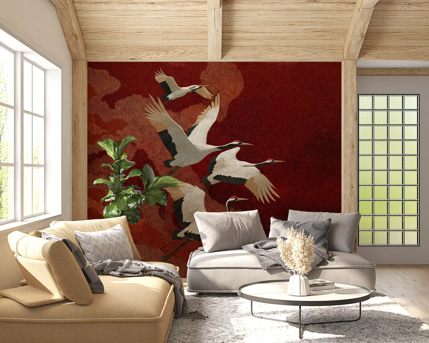 Rich crimson and gold background details on this elegant Sky wall mural.