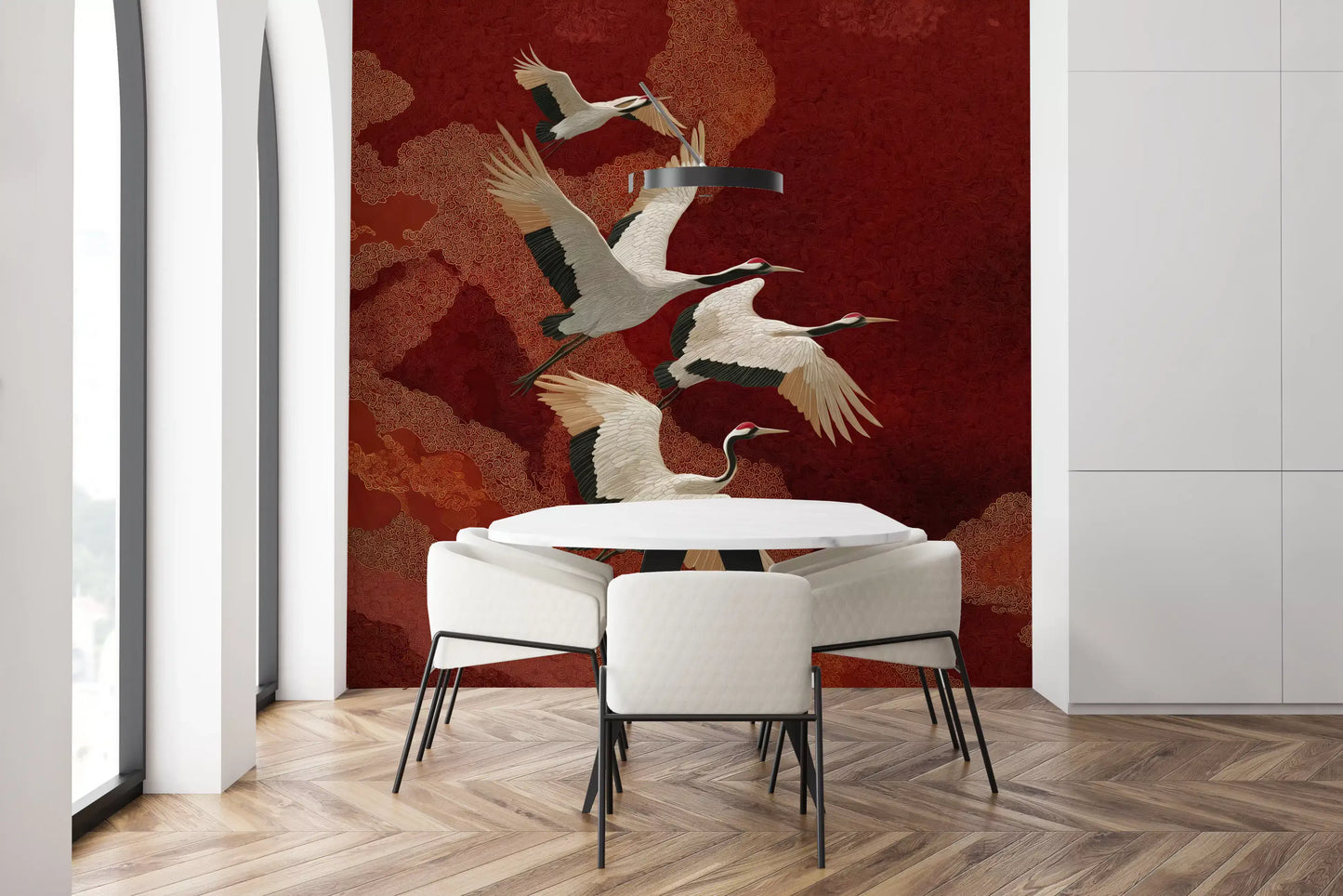 Crimson Sky Crane Dance Wall Mural adds texture behind a dining area.
