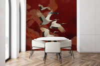 Crimson Sky Crane Dance Wall Mural adds texture behind a dining area.
