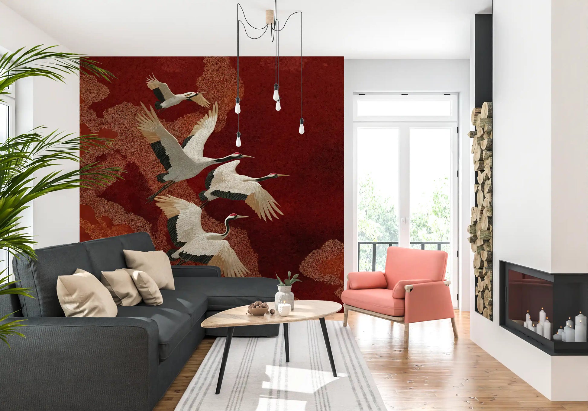 The Crimson Sky Crane Dance Wall Mural for this modern living room.