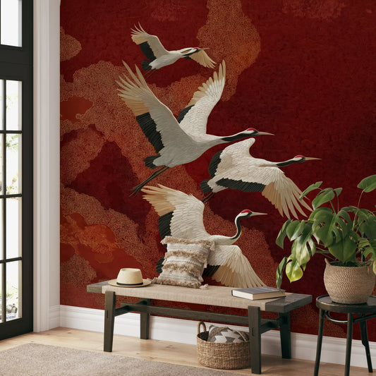 Welcome guests with the dramatic red Crimson Sky wall mural in the entryway.