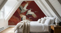 Soothing red tones from the Crane Dance mural warm up a bedroom wall.