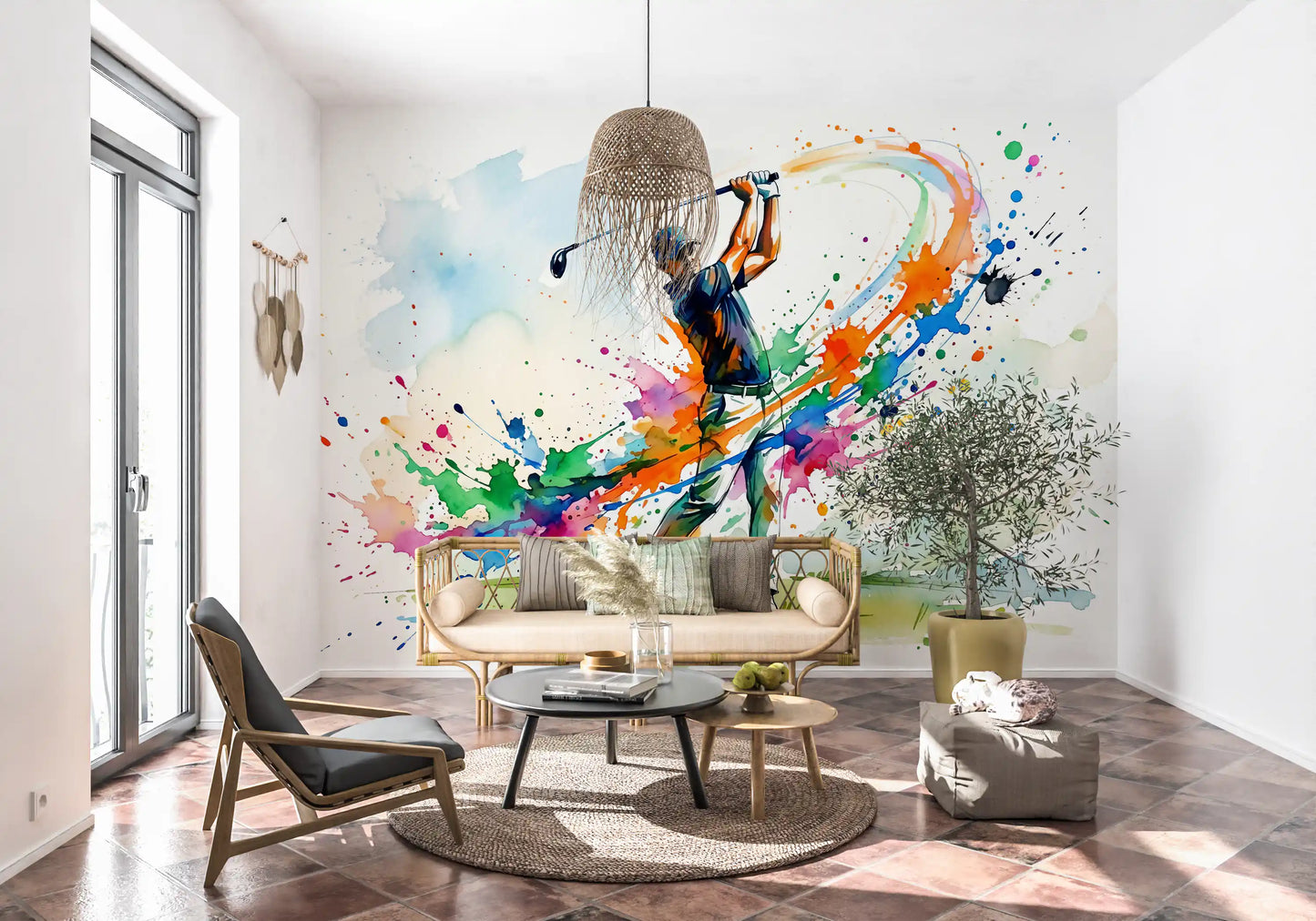 Colorful Golf mural brightening the blank walls of an sunlit living room., GD9922