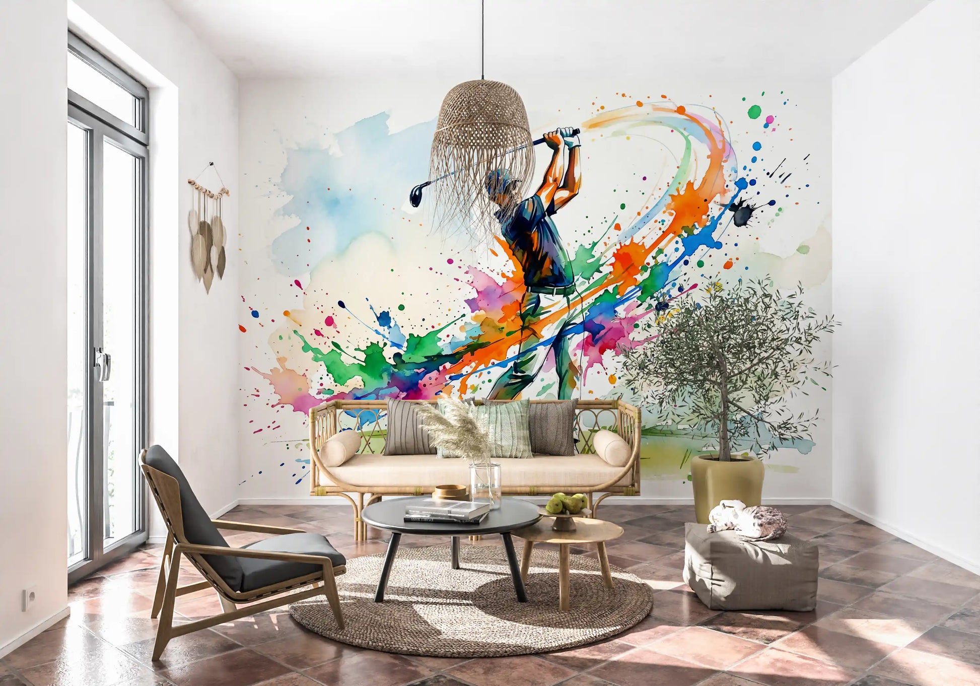Colorful Golf mural brightening the blank walls of an sunlit living room., GD9922