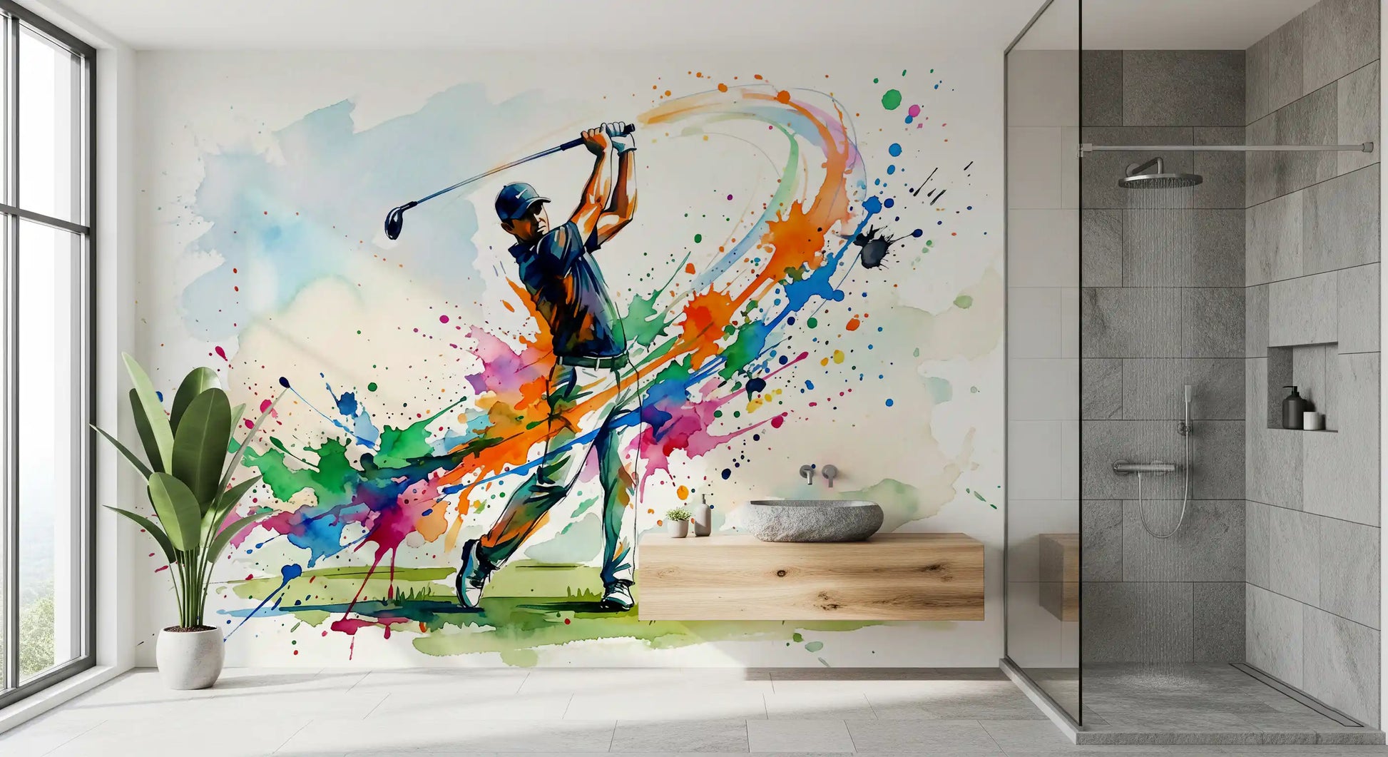 Dynamic Golf Splash wall mural bringing vivid energy to large bathroom., GD9922
